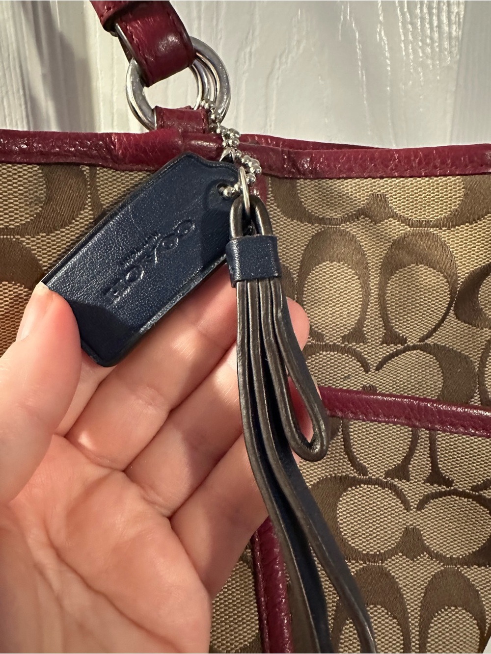 Coach Tan Signature Carrie Tote with Burgundy Leather Trim and Wallet - Picture 4 of 16